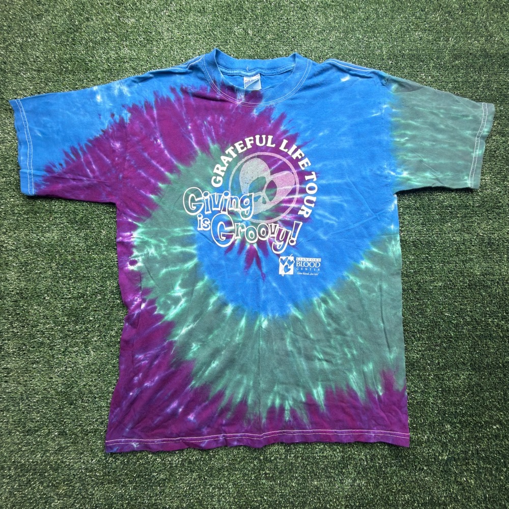 VTG Y2K Gildan Grateful Life Tour Tie Dye T-Shirt Mens L Giving is Groovy Blue